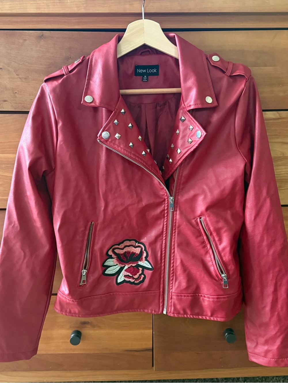 New Look Red Studded Faux Leather Biker Jacket with Rose Applique
